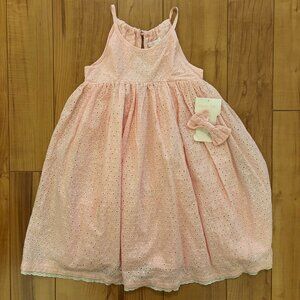 NWT Shabby Chic Light Pink Eyelet Girls Dress and Bow 8
